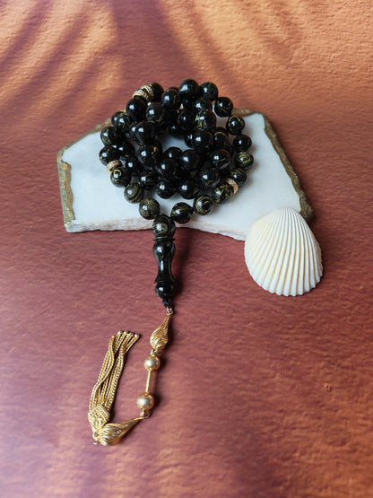 Rare Collectible American Bakelite Tasbih – 63 Istanbul Beads | Black With Aged White Veins