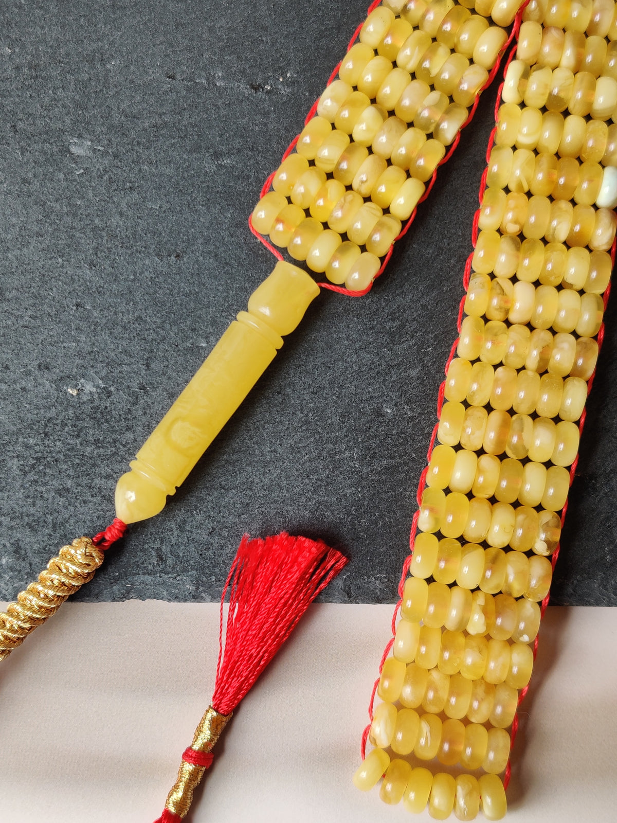 Rare Long Flat Natural Amber Misbah – 234 Micro Donut Beads