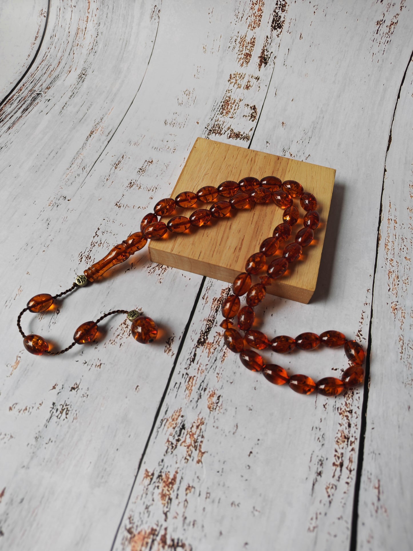 Vintage Melted Russian Amber Misbah | 39 Olive Beads | Cognac Tone