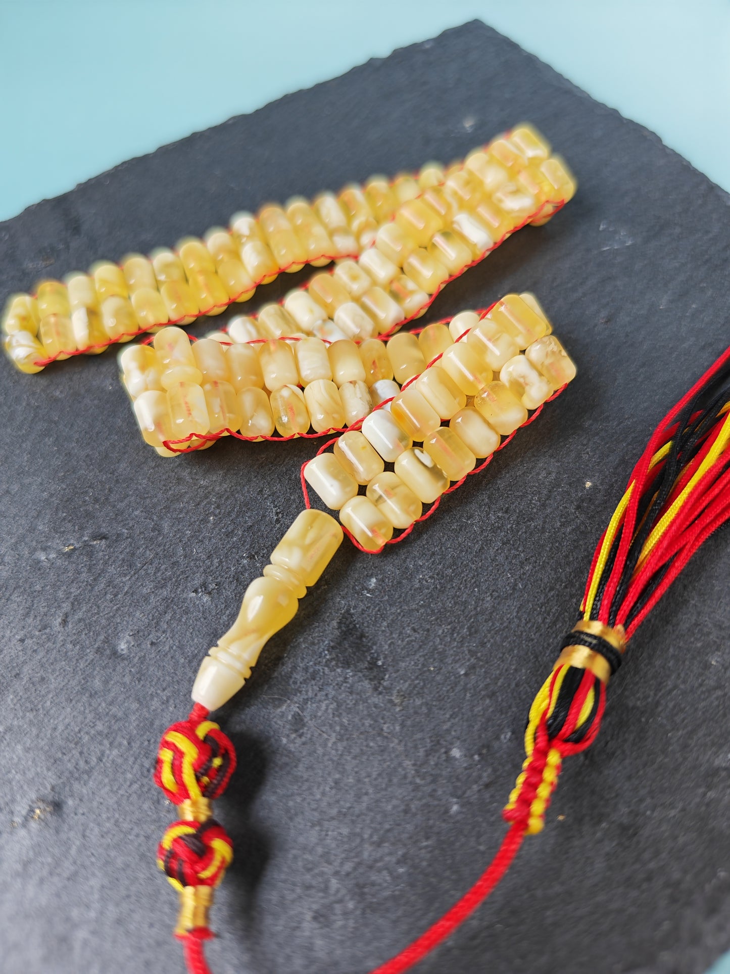 Micro Mosaic Baltic Amber Rosary – 114 Barrel Beads | Unique Flat Design