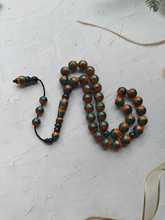 Black Coral With Amber, Malachite and Silver Engravings 33 Beads