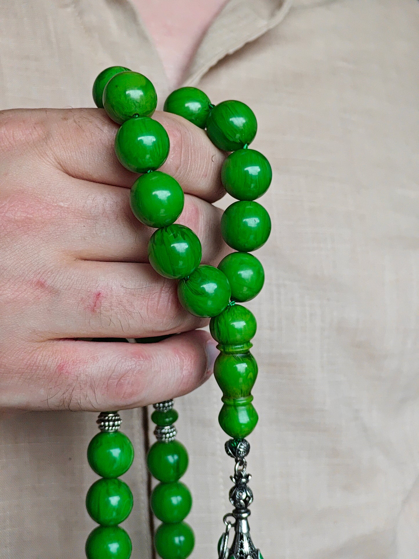 Green American Bakelite Rosary 33 Beads