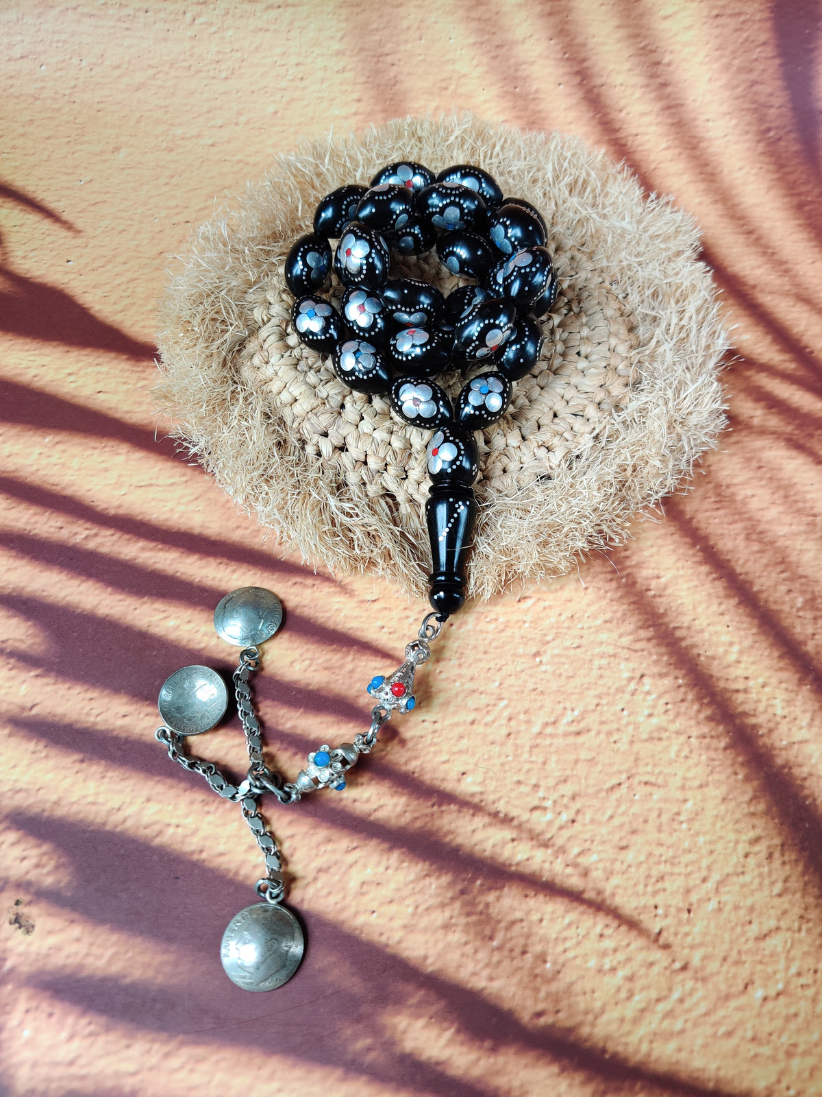 Black Ebony Tasbih | 33 Olive Beads | Silver Carving | Silver Tassel