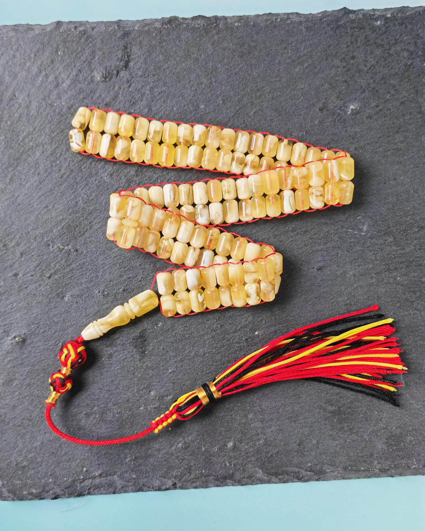 Micro Mosaic Baltic Amber Rosary – 114 Barrel Beads | Unique Flat Design