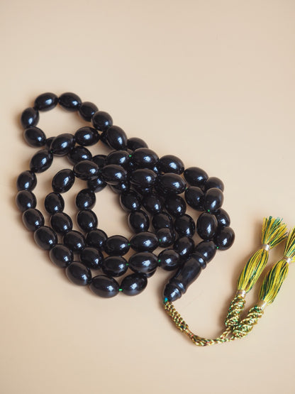 Unique and Extremely Rare Antique Black Melted German Amber Tasbih From 1980s Iraq | 66 Olive Beads | 150g