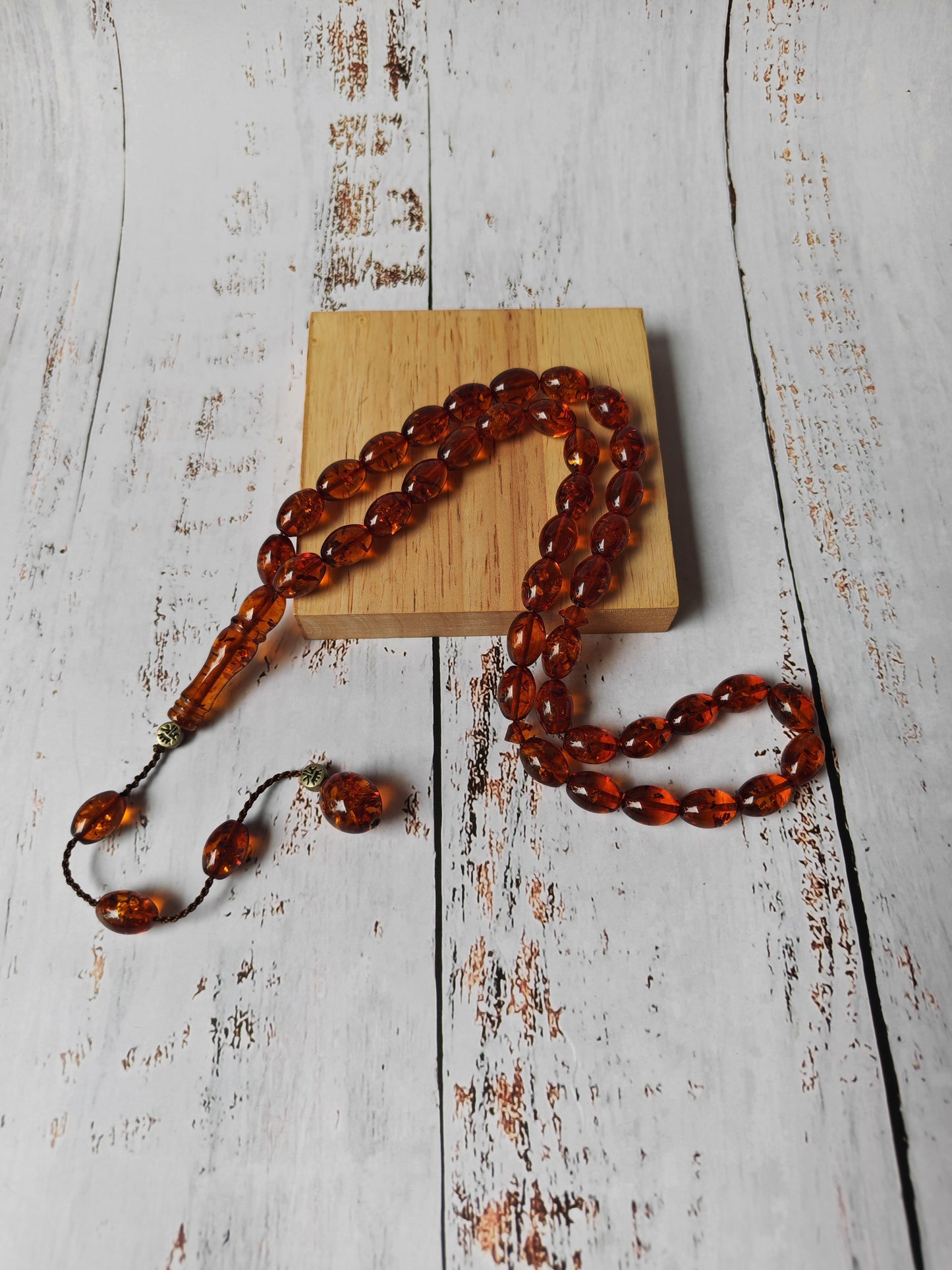 Vintage Melted Russian Amber Misbah | 39 Olive Beads | Cognac Tone