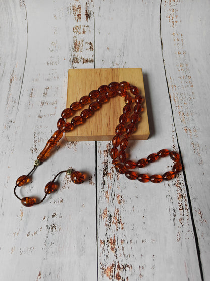 Vintage Melted Russian Amber Misbah | 39 Olive Beads | Cognac Tone