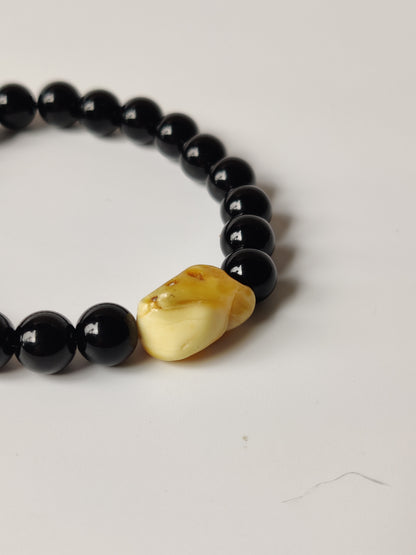 Black Onyx & Rare White Amber Bracelet