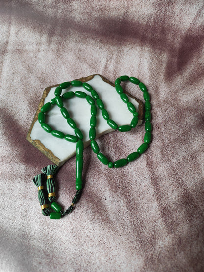 American Bakelite Tasbih – 43 Capsule Beads | Dark Green with Light Veins