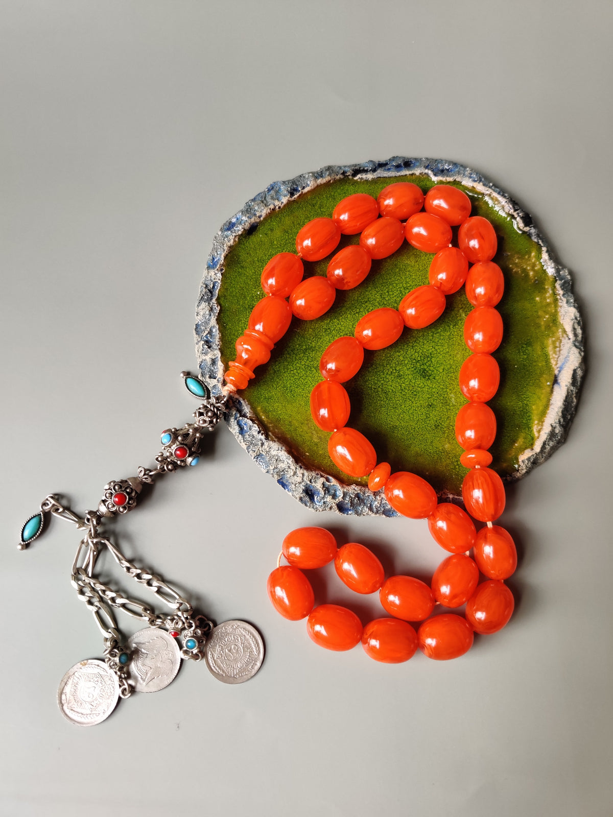 Super Rare German Bakelite Tasbih | 33 Pigeon Egg Beads | Orange with Veins