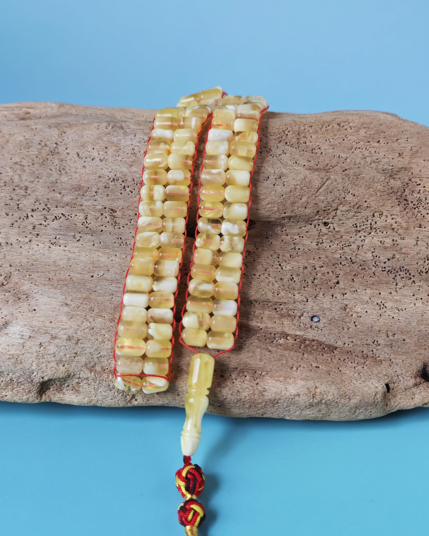 Micro Mosaic Baltic Amber Rosary – 114 Barrel Beads | Unique Flat Design