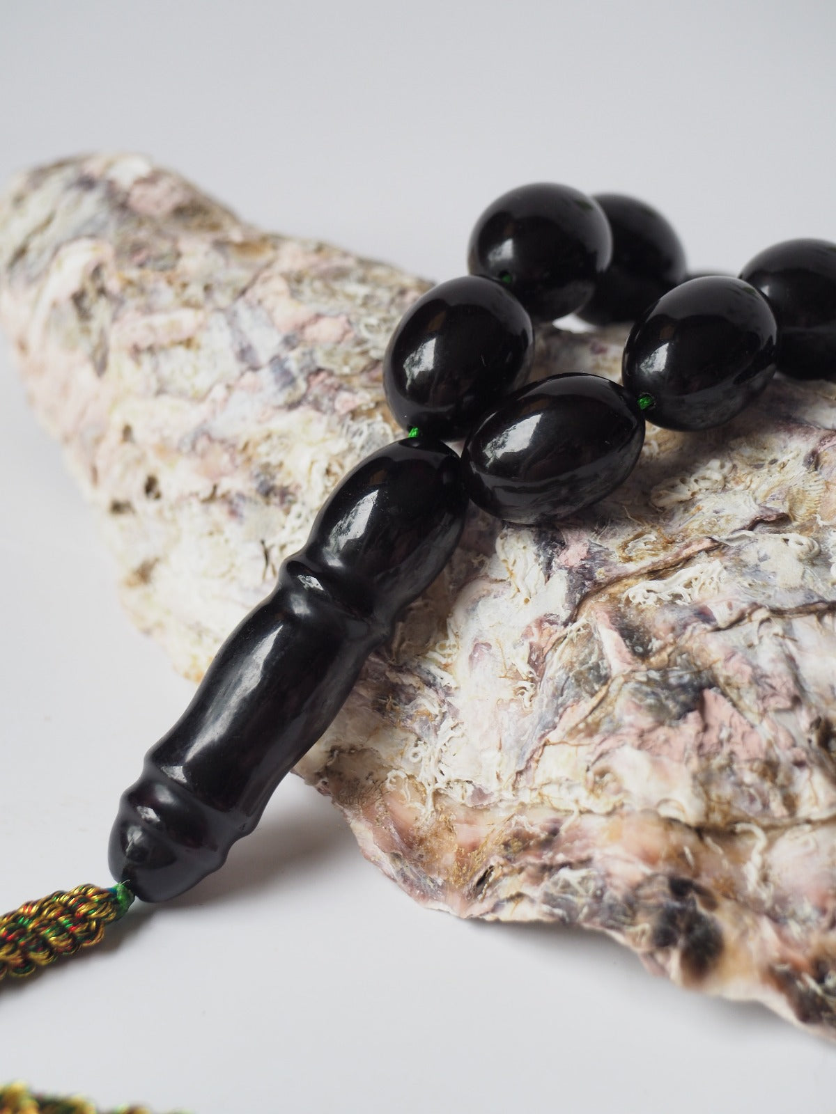 Unique and Extremely Rare Antique Black Melted German Amber Tasbih From 1980s Iraq | 66 Olive Beads | 150g