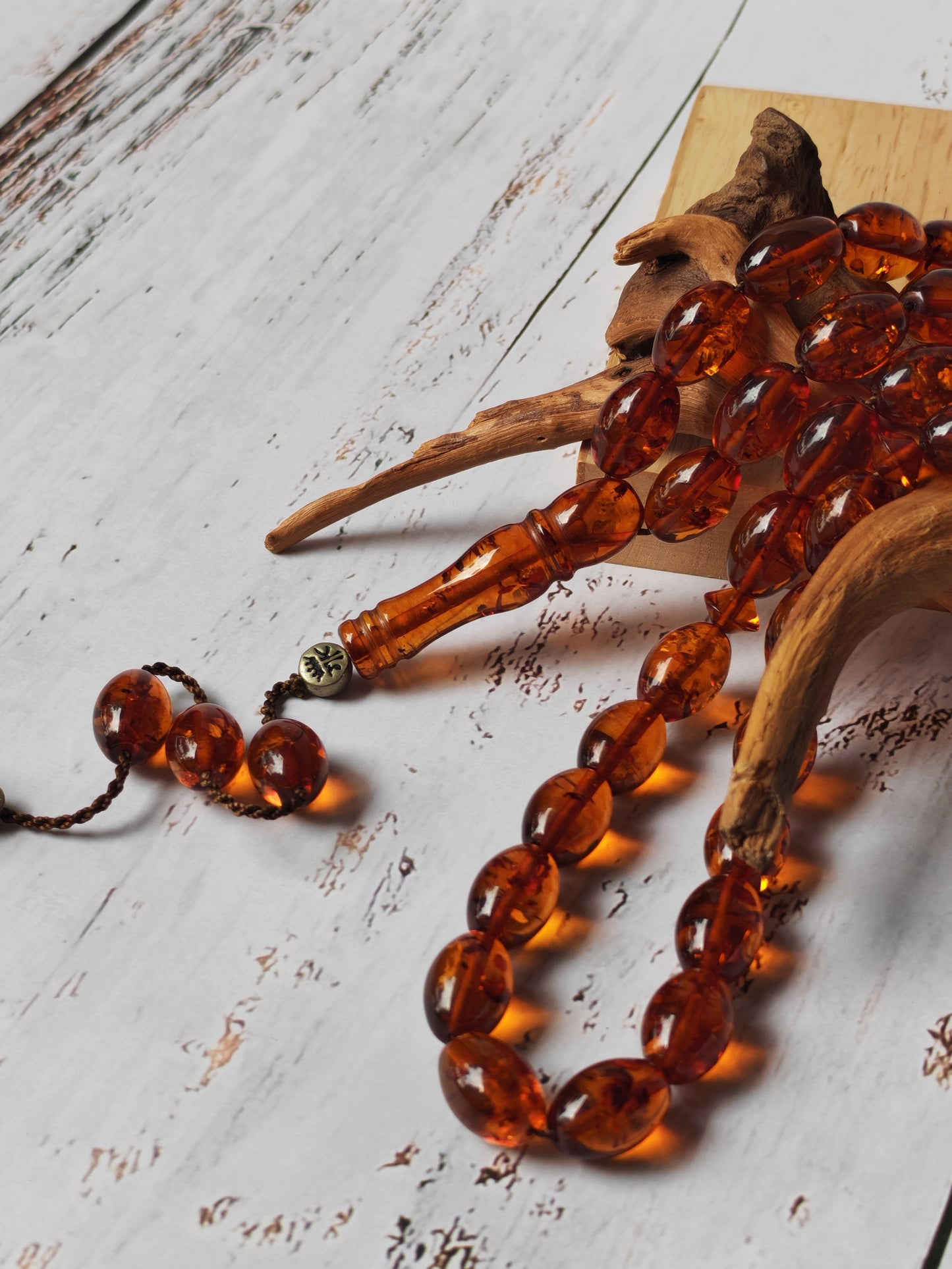 Vintage Melted Russian Amber Misbah | 39 Olive Beads | Cognac Tone