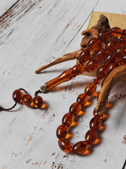 Vintage Melted Russian Amber Misbah | 39 Olive Beads | Cognac Tone