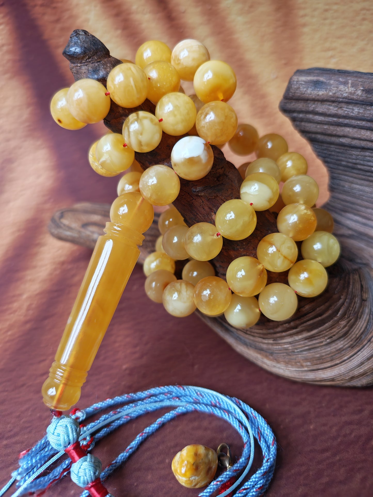 Natural Long Baltic Amber Misbah – 11.5–12mm Beads | Unique Imami | Mosaic Colors