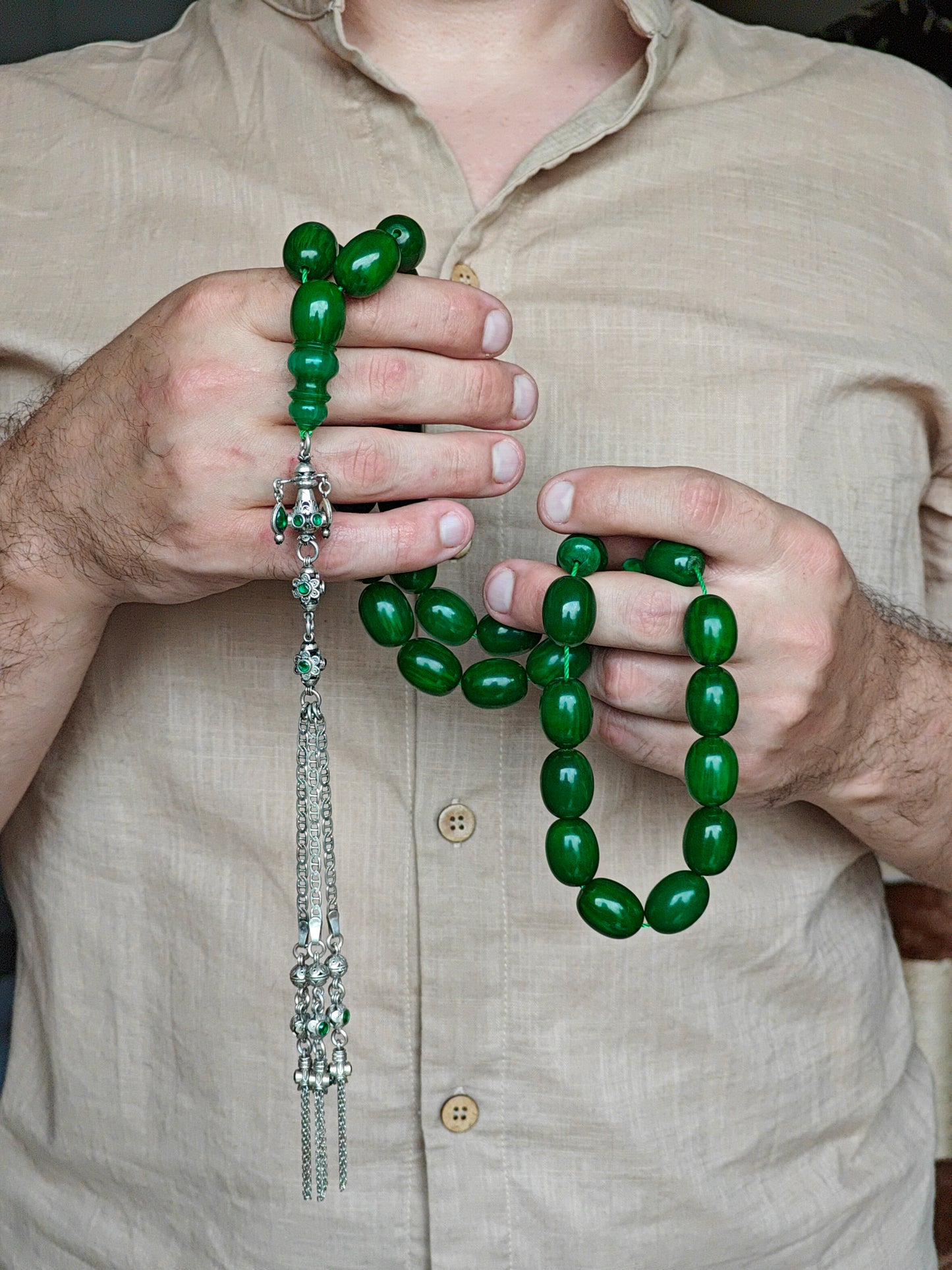 Huge Dark Bottle Green American Bakelite Rosary With Emeralds in Silver Fringe 33 Beads