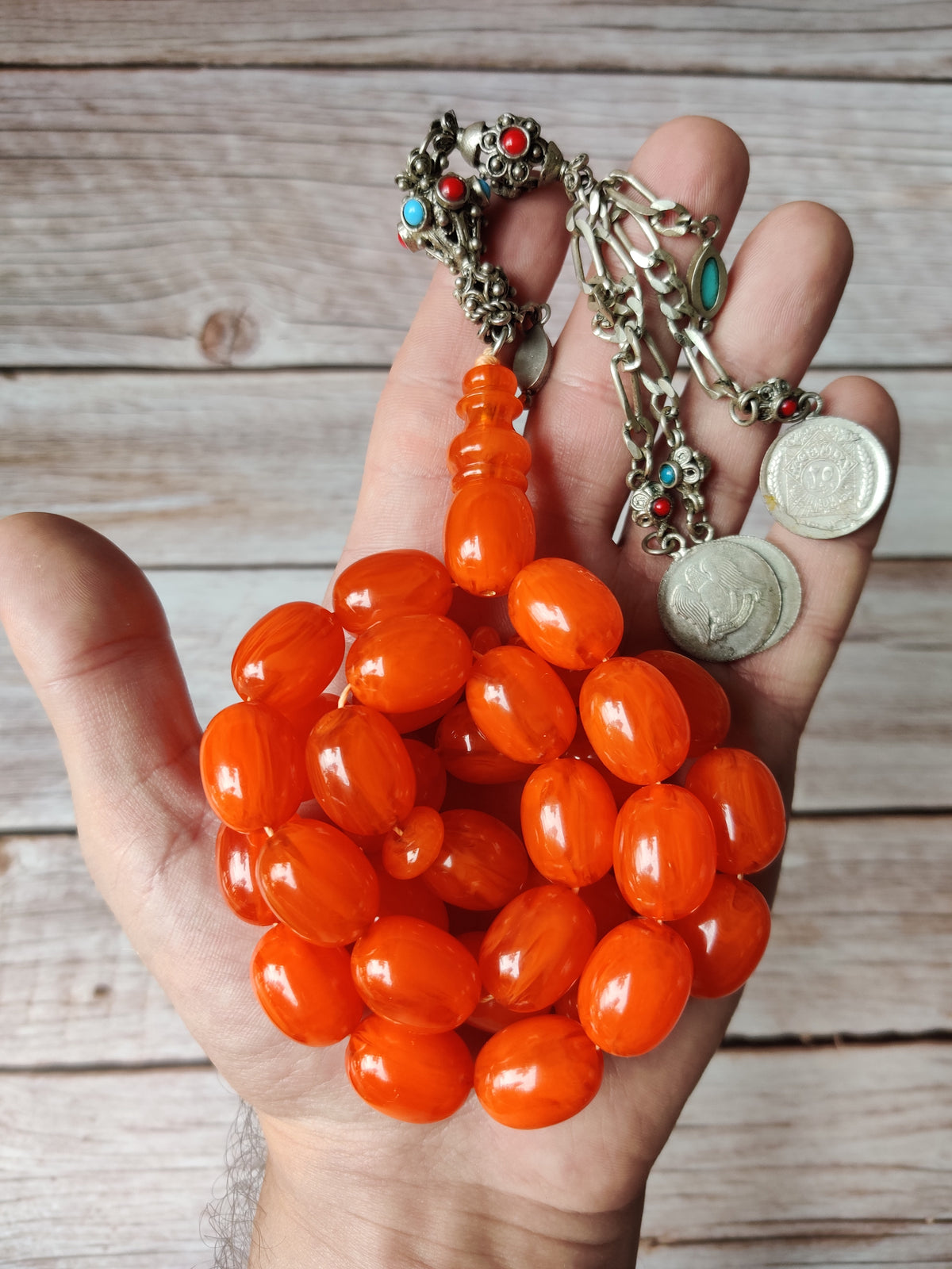 Super Rare German Bakelite Tasbih | 33 Pigeon Egg Beads | Orange with Veins