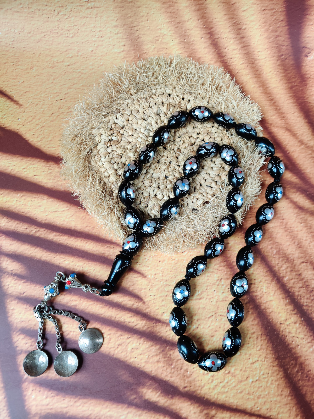 Black Ebony Tasbih | 33 Olive Beads | Silver Carving | Silver Tassel