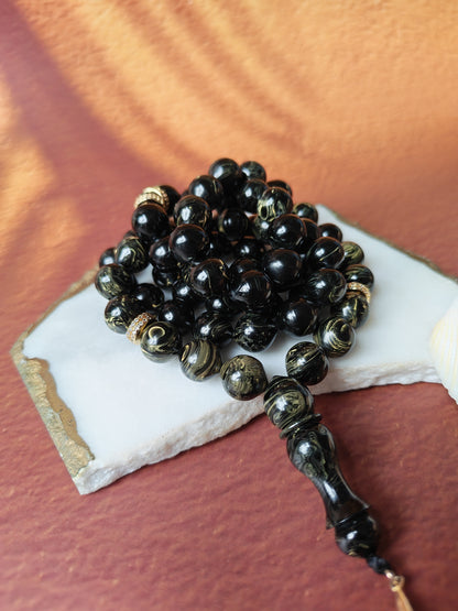 Rare Collectible American Bakelite Tasbih – 63 Istanbul Beads | Black With Aged White Veins