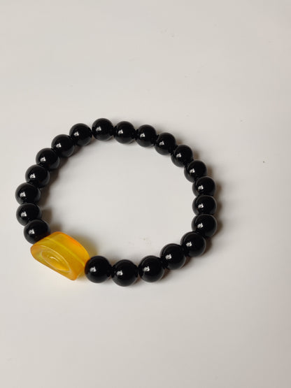Black Onyx & Citron Amber Yuanbao Beaded Bracelet