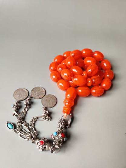 Super Rare German Bakelite Tasbih | 33 Pigeon Egg Beads | Orange with Veins