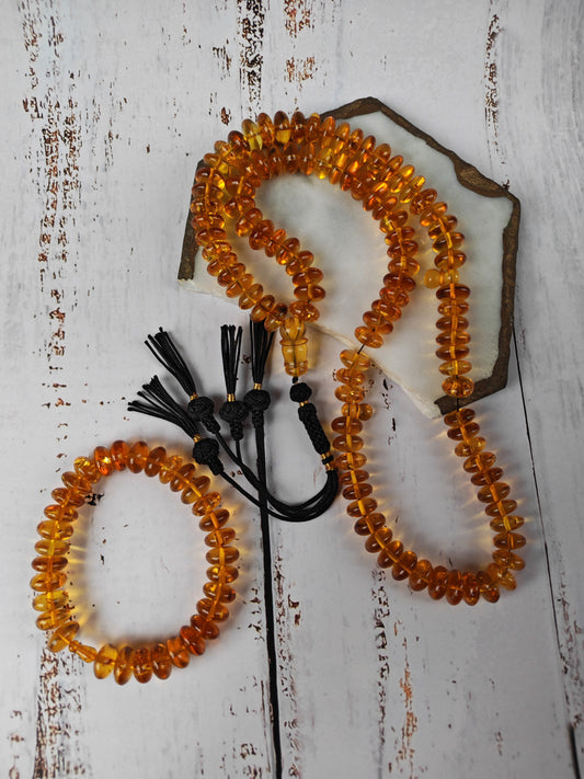 Citron Baltic Amber Misbah & Bracelet Set – 99 Beads | Flat Donut Shape