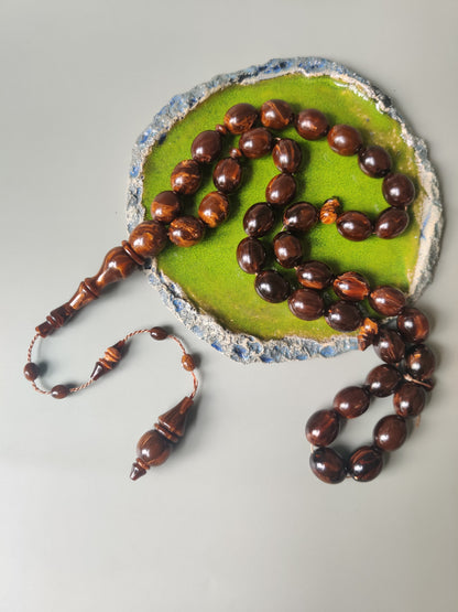 Rare American Bakelite Tasbih | 37 Pigeon Egg Beads | Chocolate Brown With Light Veins