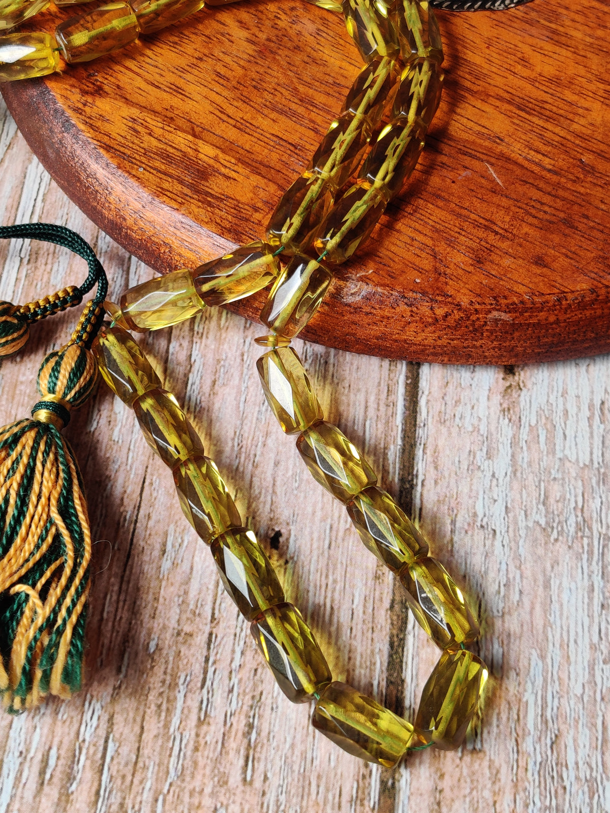 Kaliningrad Green Baltic Amber Tasbih | 33 Faceted Barrel Beads