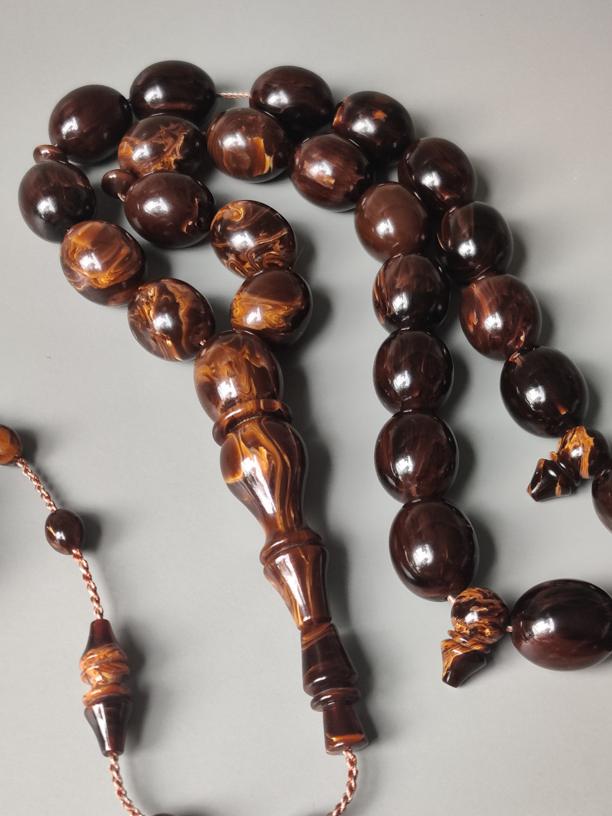 Rare American Bakelite Tasbih | 37 Pigeon Egg Beads | Chocolate Brown With Light Veins