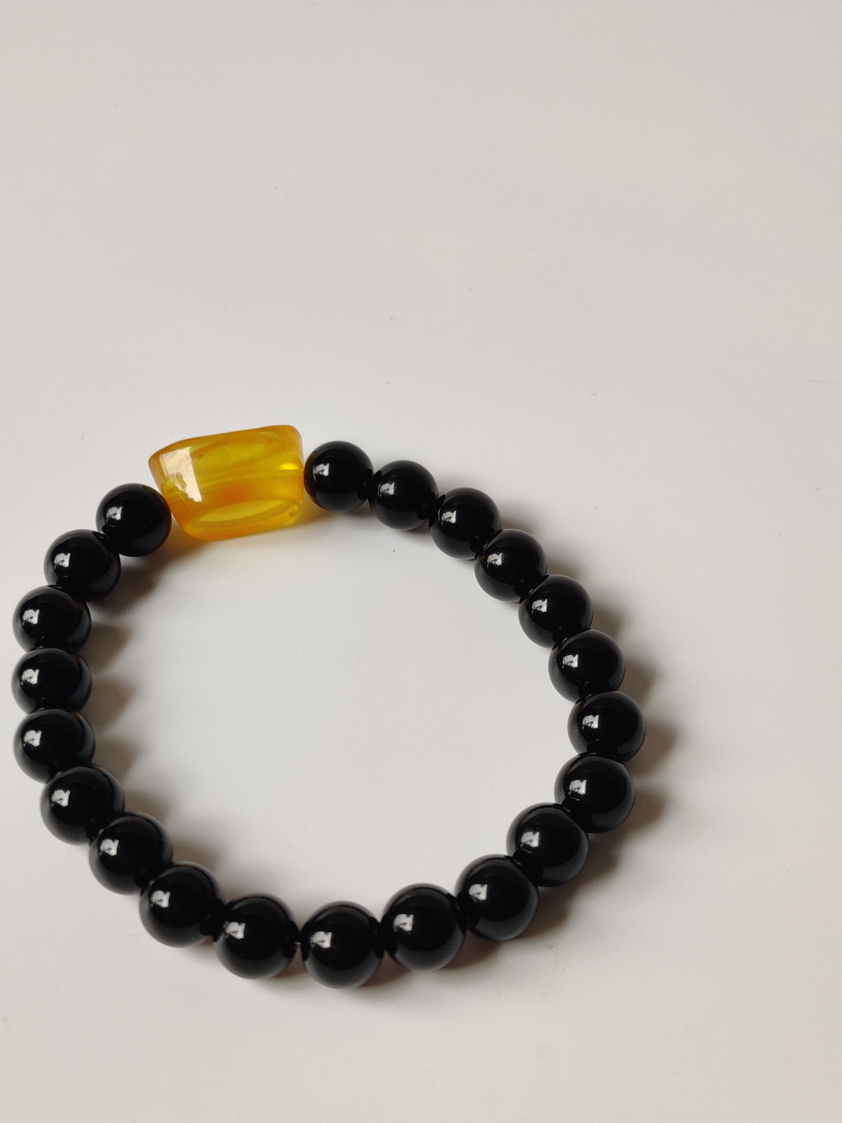 Black Onyx & Citron Amber Yuanbao Beaded Bracelet