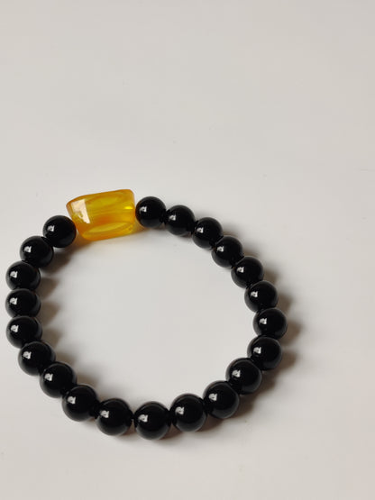 Black Onyx & Citron Amber Yuanbao Beaded Bracelet