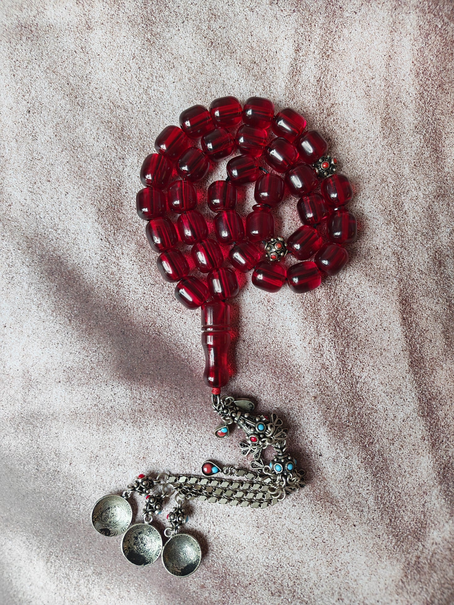 German Bakelite Rosary – 33 Jumbo Barrel Beads | Pomegranate Red Color