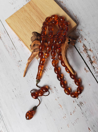 Vintage Melted Russian Amber Misbah | 39 Olive Beads | Cognac Tone