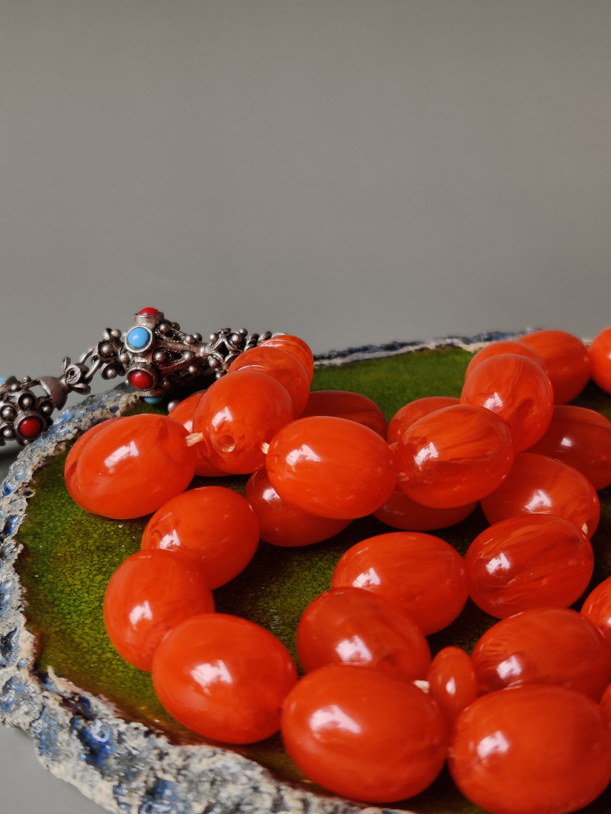 Super Rare German Bakelite Tasbih | 33 Pigeon Egg Beads | Orange with Veins