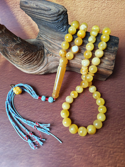 Natural Long Baltic Amber Misbah – 11.5–12mm Beads | Unique Imami | Mosaic Colors