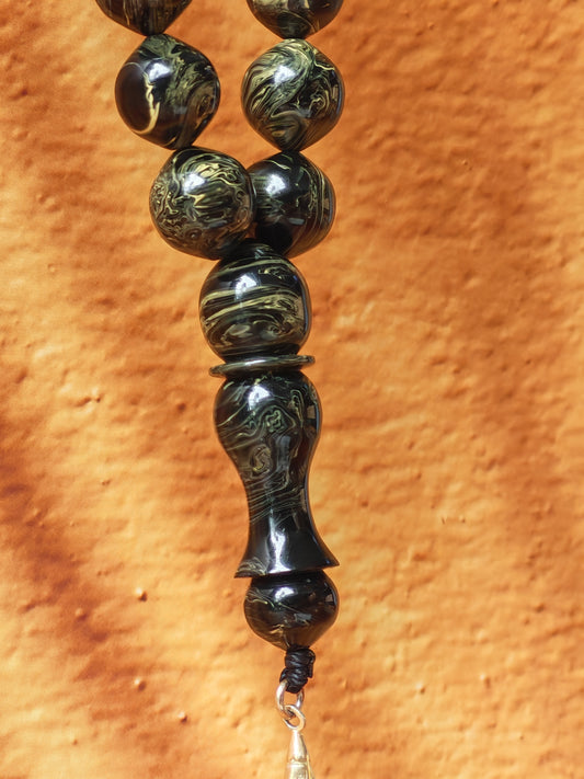 Rare Collectible American Bakelite Tasbih – 63 Istanbul Beads | Black With Aged White Veins