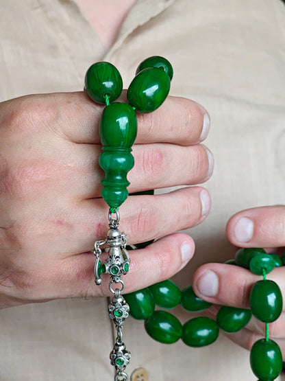 Huge Dark Bottle Green American Bakelite Rosary With Emeralds in Silver Fringe 33 Beads