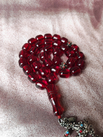 German Bakelite Rosary – 33 Jumbo Barrel Beads | Pomegranate Red Color