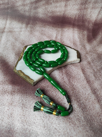 American Bakelite Tasbih – 43 Capsule Beads | Dark Green with Light Veins