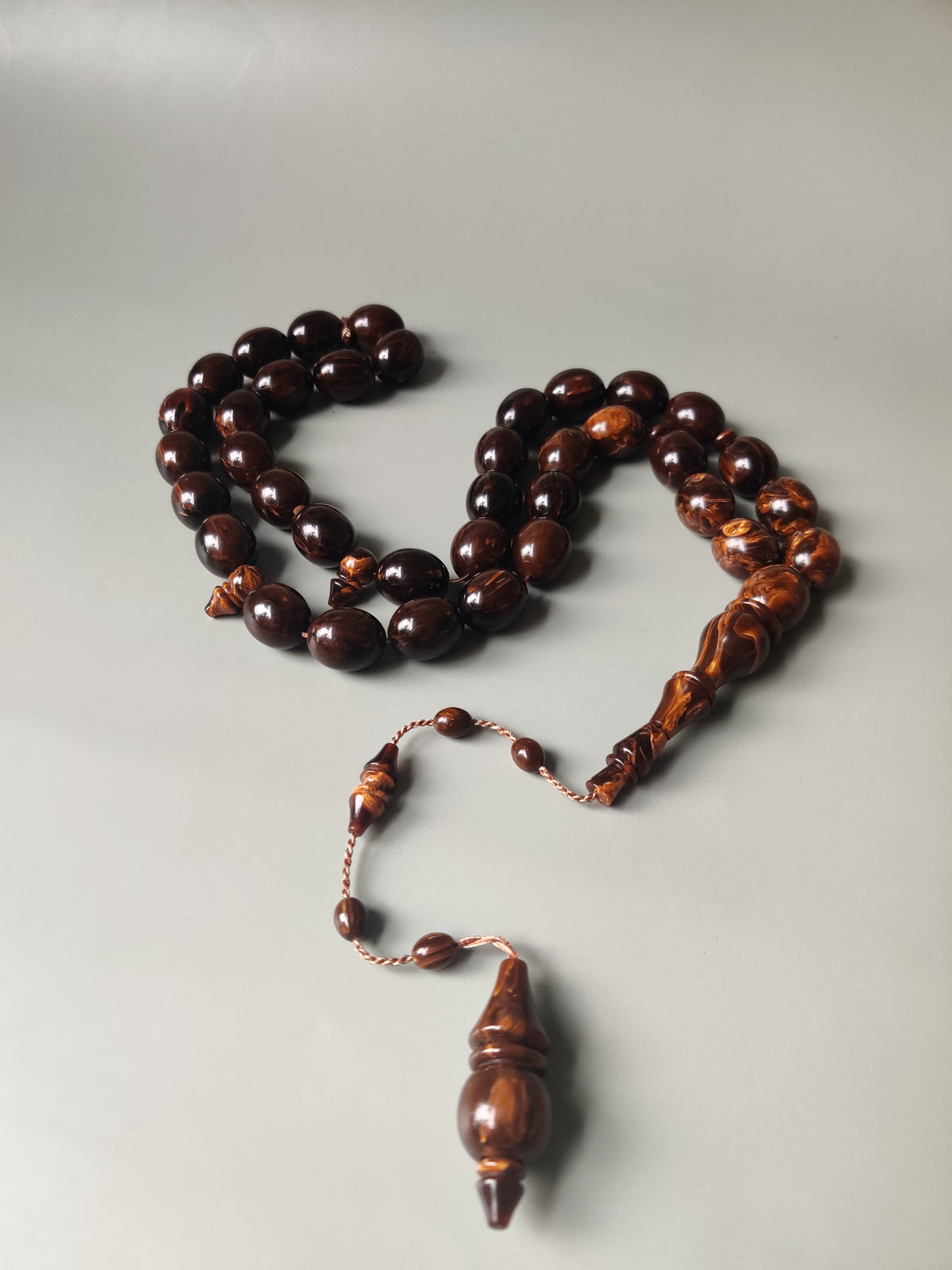 Rare American Bakelite Tasbih | 37 Pigeon Egg Beads | Chocolate Brown With Light Veins