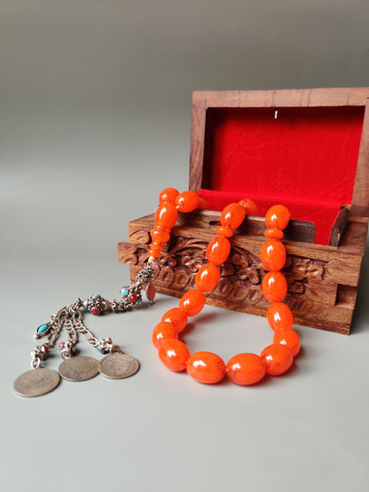 Super Rare German Bakelite Tasbih | 33 Pigeon Egg Beads | Orange with Veins