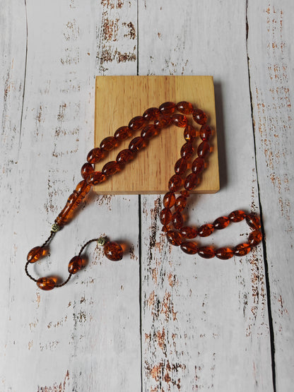 Vintage Melted Russian Amber Misbah | 39 Olive Beads | Cognac Tone