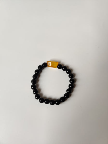 Black Onyx & Citron Amber Yuanbao Beaded Bracelet