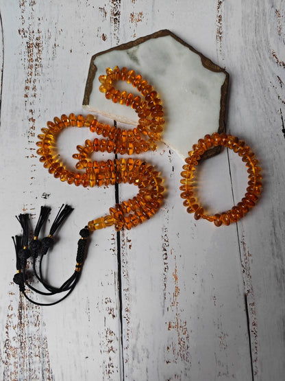 Citron Baltic Amber Misbah & Bracelet Set – 99 Beads | Flat Donut Shape