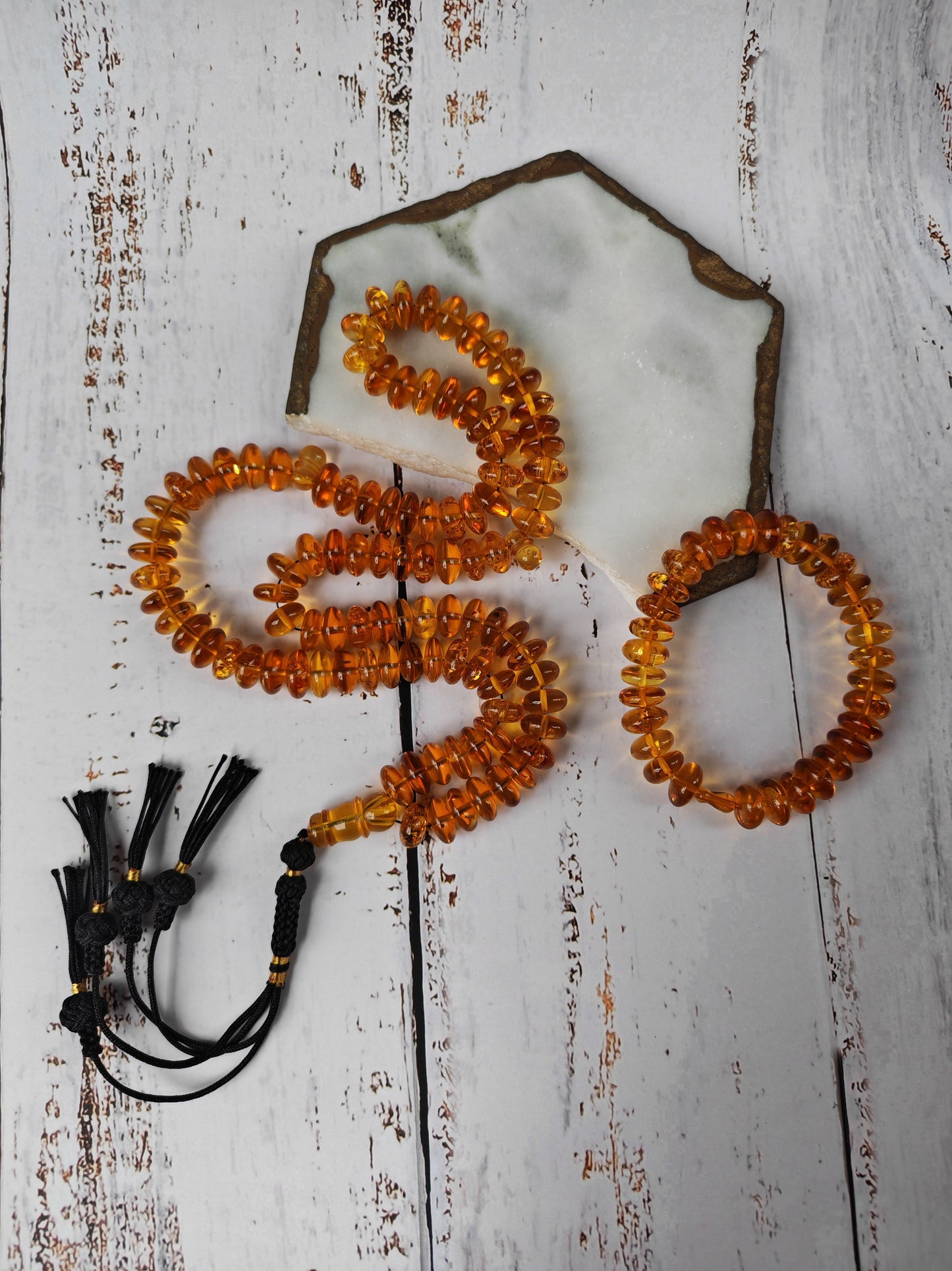 Citron Baltic Amber Misbah & Bracelet Set – 99 Beads | Flat Donut Shape