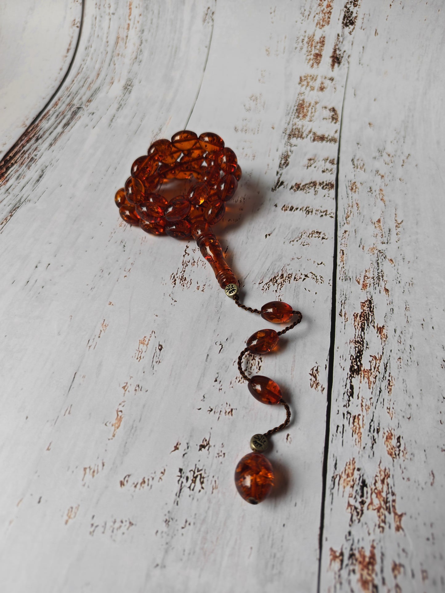 Vintage Melted Russian Amber Misbah | 39 Olive Beads | Cognac Tone