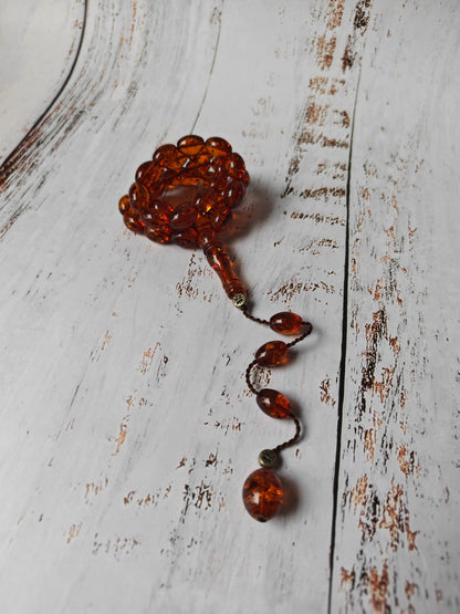 Vintage Melted Russian Amber Misbah | 39 Olive Beads | Cognac Tone