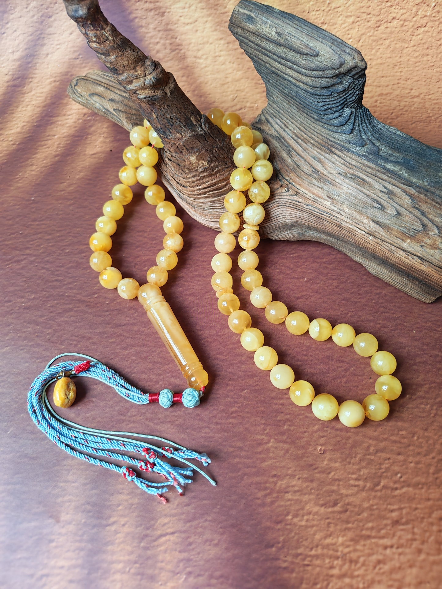 Natural Long Baltic Amber Misbah – 11.5–12mm Beads | Unique Imami | Mosaic Colors