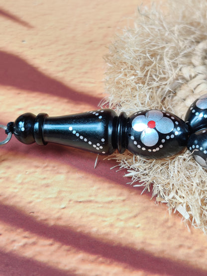 Black Ebony Tasbih | 33 Olive Beads | Silver Carving | Silver Tassel