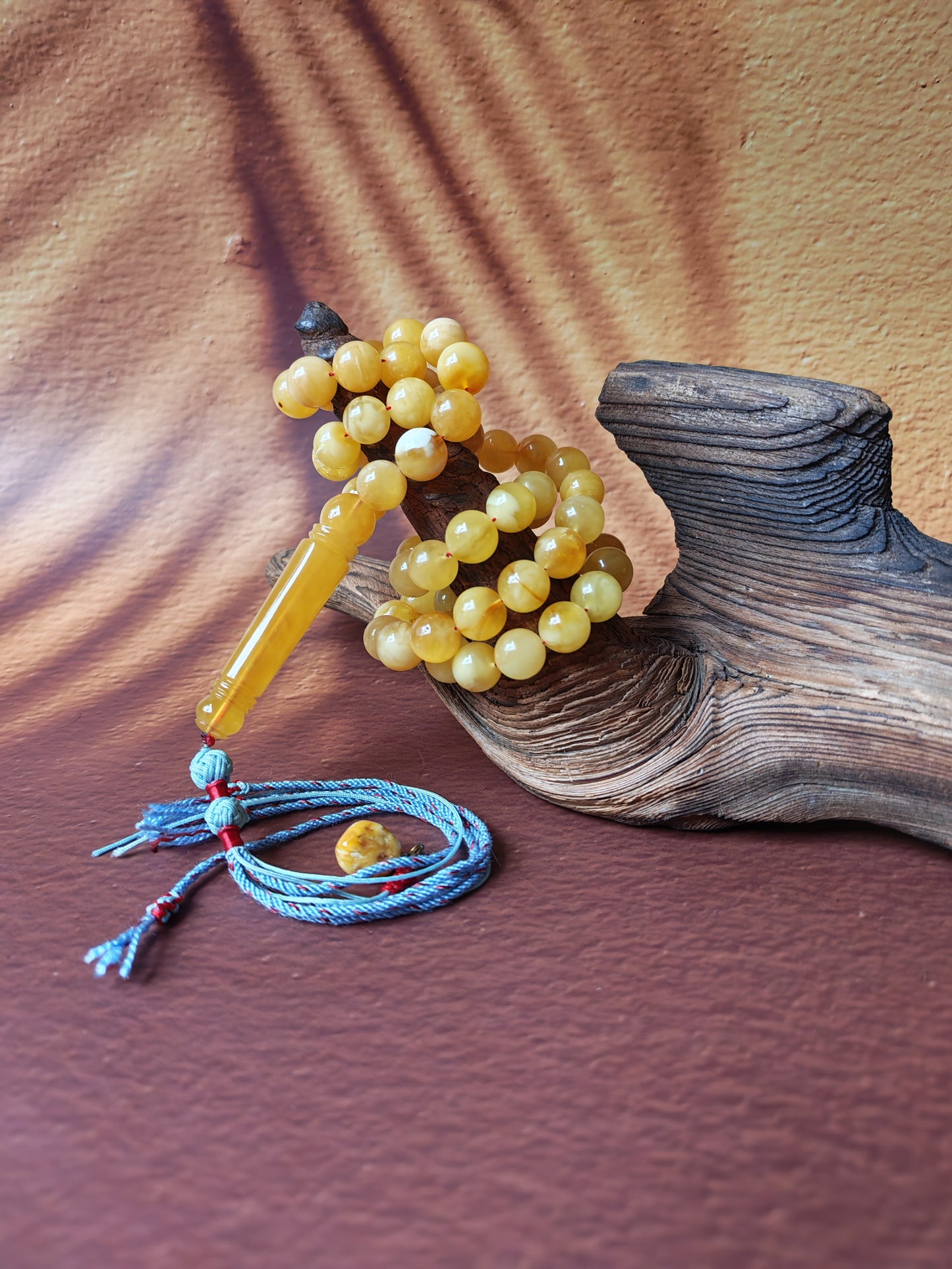 Natural Long Baltic Amber Misbah – 11.5–12mm Beads | Unique Imami | Mosaic Colors